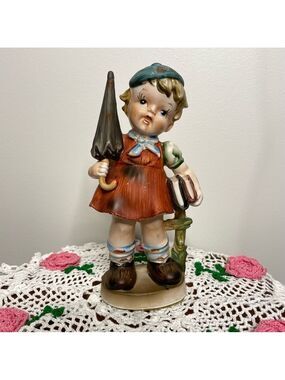 Vintage Brinn Ceramic Child Figurine with Umbrella & Books
